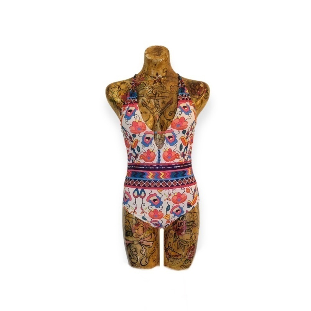 Swimwear one piece pink floral open back summer large